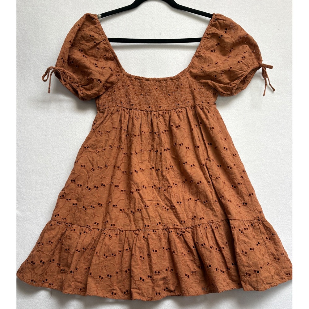 Lush Brown Eyelet Cotton Mini Dress Puff Sleeve Boho Babydoll DR97108E-I Small - Picture 4 of 10